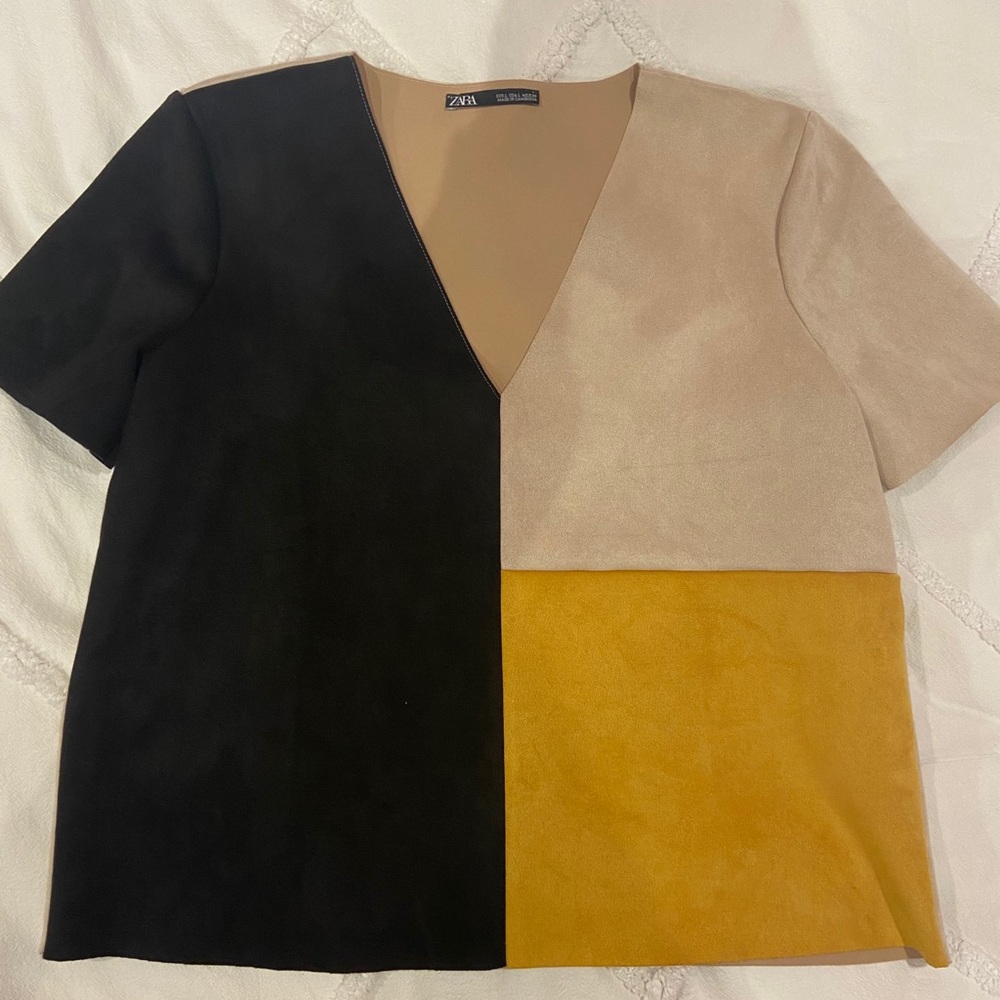 Zara Color Blocked Suede Dress Shirt